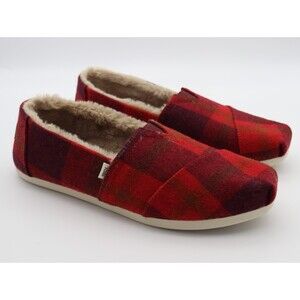 Women's TOMS Alpargata Red Cozy Plaid Faux Fur Lined Slip-On- Size 9